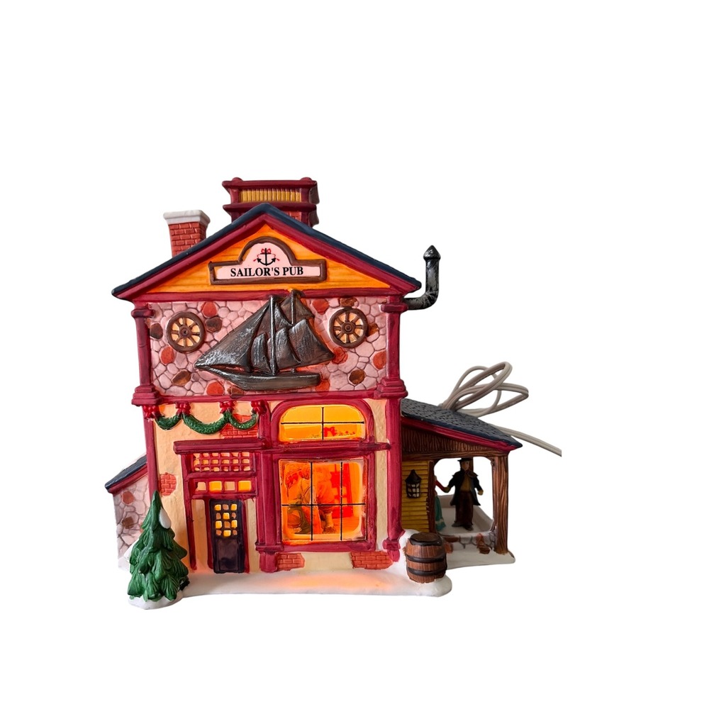 Vintage Holiday Traditions Lighted Porcelain Sailor Pub Christmas Village House